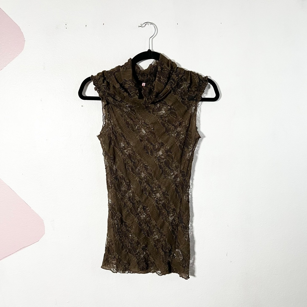 Vtg y2k 2000s Lace Top Small Green Mesh Cowl Neck Fairy Grunge Boho